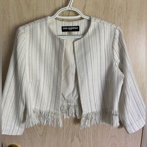 Karl Lagerfeld White Silver Open Front Tweed Jacket With Fringe 3/4 Sleeve Sz S